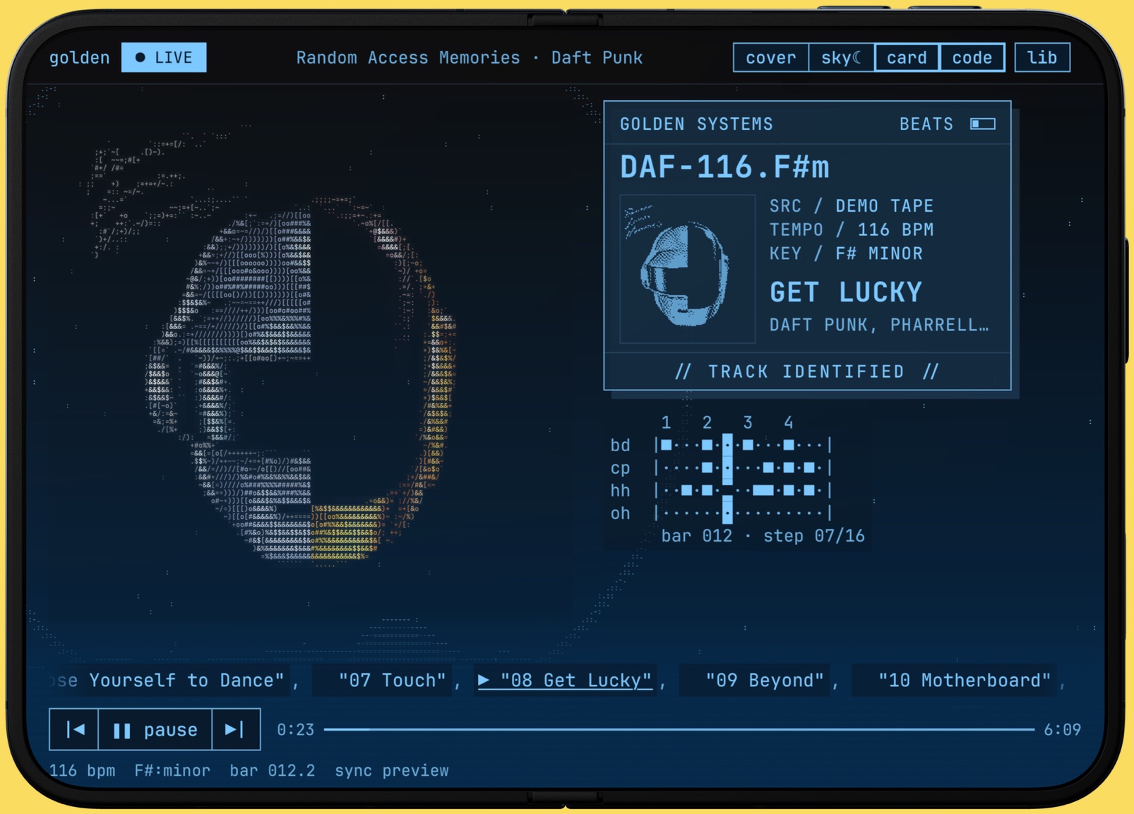 Golden open flat on iPhone Duo: Daft Punk's Random Access Memories drawn in ASCII in the cover's own colours, the ID card and the drum pattern beside it.