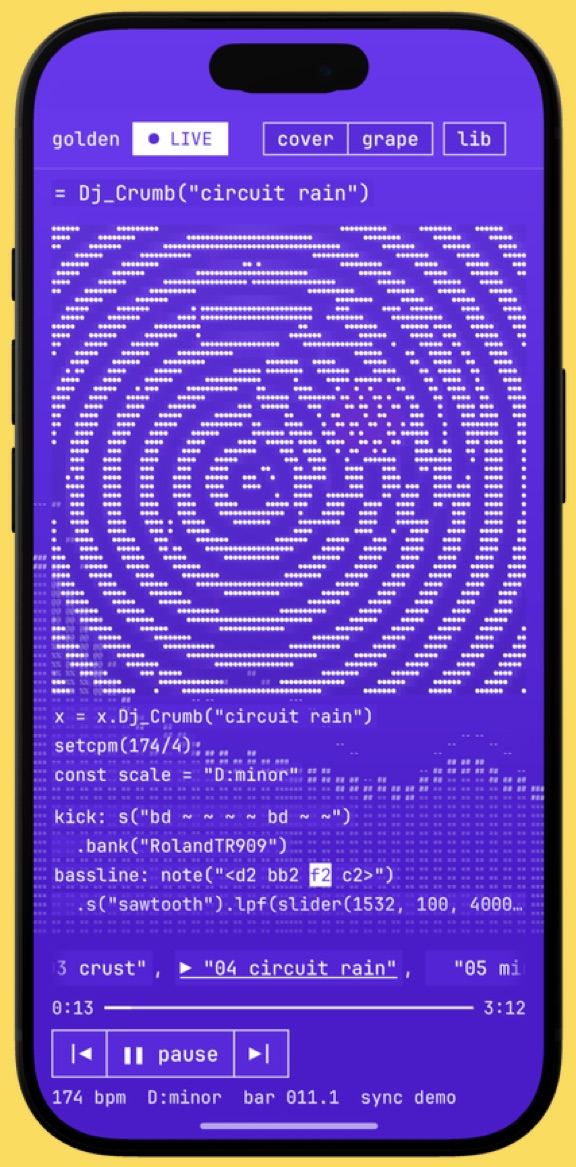 Golden on iPhone, in the grape theme: a cover of rings in dots, the song's code under it.
