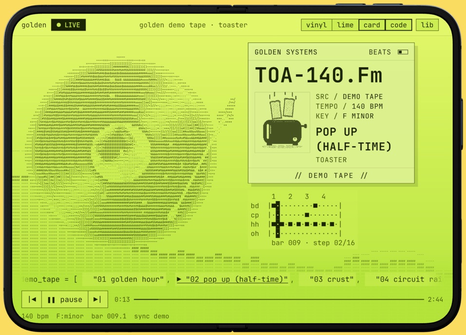 iPhone Duo open, in lime: the vinyl, the ID card and the beat.