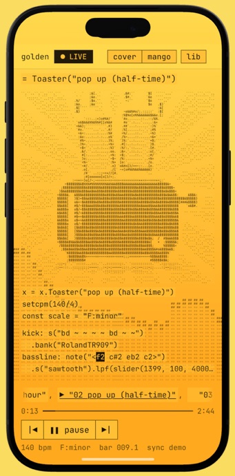 iPhone, in the mango theme: a toaster cover and the song written out as code.